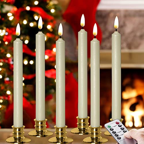 Flameless Ivory Real Wax Taper Window Candles with Removable Golden Candleholders with Remote and Timer 10 Flickering Battery Operated WaxDipped LED Candles Set of 6