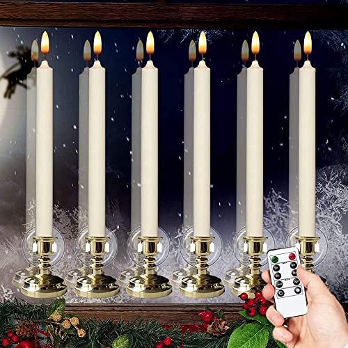 Flameless Window Taper Candles with Timer and Remote Battery Operated 3D Wick LED Flickering Window Candles 6 Pack Removable Gold Holder and Suction Cups for Christmas Decoration Set of 6(Ivory)
