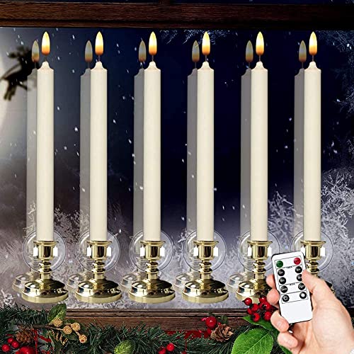 Flameless Window Taper Candles with Timer and Remote Battery Operated 3D Wick LED Flickering Window Candles 6 Pack Removable Gold Holder and Suction Cups for Christmas Decoration Set of 6(Ivory)
