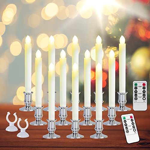 INAROCK LED Window Candles 12 Pack Flameless Candle Lights Remote Timers Battery Operated Flickering Candle Light with Removable Holders and Suction Cups for Thanks Giving Christmas Decorations