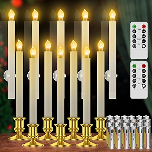 RONXS Window Candles Flameless Taper Candles with Timer Christmas Home Wedding Decor Battery Operated Flickering LED Candles with Remote Controls Glod Candle Holders (12 Pcs with Batteries)
