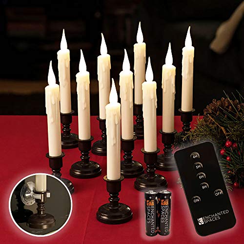Set of 10 Flameless Ivory Window Candles with Removable Bronze Candle Stands 20 AA Batteries Remote Control Daily Timer Window Suction Cups Battery Operated LED Light