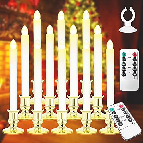 Window Candles 12 Pack Battery Operated Candles with Timer Flameless Candles Battery Candles with 2 Remote Controls Christmas Window Lights Golden Flickering Candles for Christmas Decorations