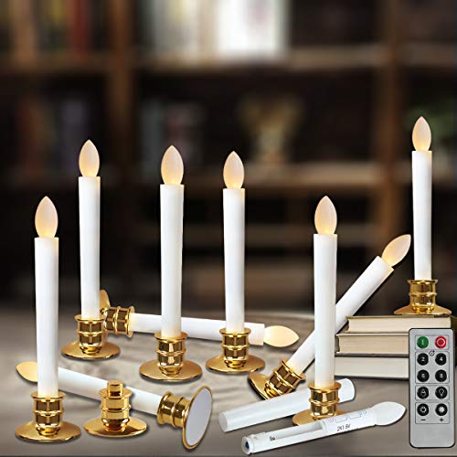 Window Candles with Remote Timers 10PCS Battery Operated Candles Flickering Flameless Led Electric Candle Lights with Removable Tapers Pillar Candles Holders for Christmas Decorations Gold Base