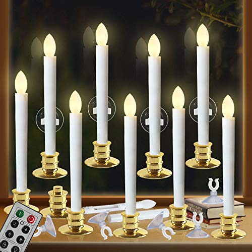 Window Candles with Remote Timers 10PCS Battery Operated Flickering Flameless Led Electric Candle Lights with Gold Base and 10PCS Suction Cups Taper Candles Holder for Christmas Decorations