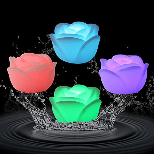 (Pack of 4) RGB Flameless Wax LED Water Floating Rose Candle Light for Wedding or Event DecorationColor Changing LED Floating Rose Candle Light (MultiColor)
