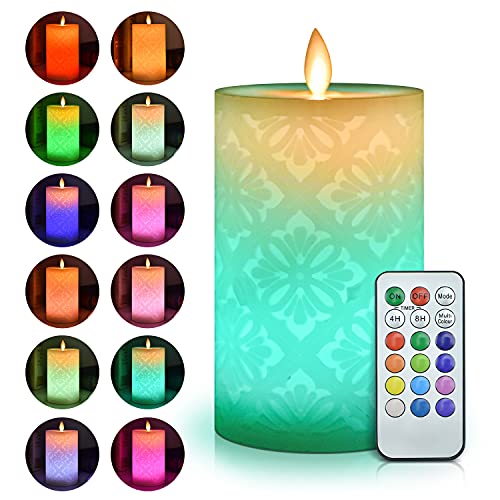 ACROSS Flickering Flameless Candles Set of 1 Real Wax Color Changing LED Pillar Candles Battery Operated Realistic 3D Dancing Flame Fake Candles with 18Key Remote Control for Halloween Christmas
