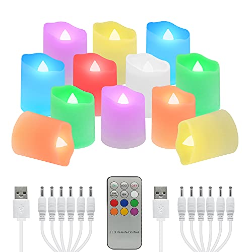 FPOO Flameless USB Recgargeable Tea Candles with Timer 12 PCS Electric Color Changing Flickering Lights Candle with Remote LED RGB Tealights for Halloween Garden Home Christmas Decorations