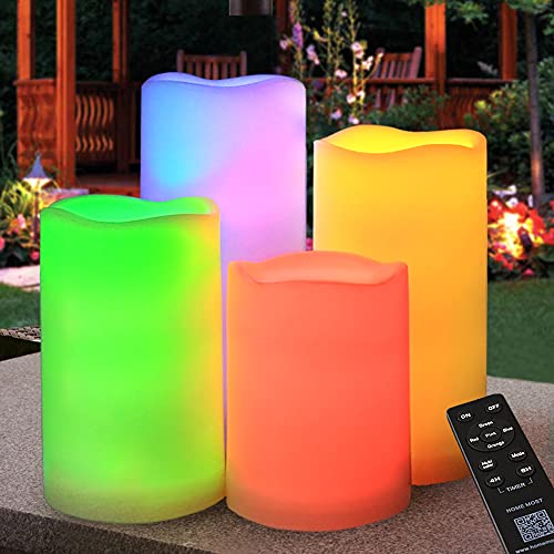 HOME MOST Set of 4 Multicolor LED Pillar Candles Outdoor IP65 Waterproof 3x4 3x5 3x6 3x7  Color Changing Pillar Candles Battery Powered  Unscented LED Candles Assorted Colors with Timer and Remote