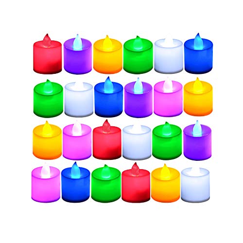 LANKER 24 Pack Flameless Tealight Candles  7 Color Changing Battery Operated Led Tea Lights  Electronic Fake Candles  Decorations for Wedding Party Christmas Halloween (7 Color Changing)