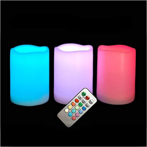 Outdoor Waterproof Color Changing Flameless LED Pillar Candles with Remote Battery Operated Plastic Decorative MultiColor Lights for Halloween Christmas Party Centerpiece Decorations 3x4 3pack