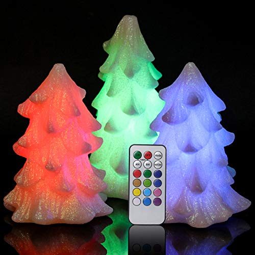 Wondise Color Changing Flameless Flickering Candles Battery Operated with Remote and Timer Set of 3 Christmas Tree Shaped Real Wax LED Candles Christmas Home Decoration(Ivory)