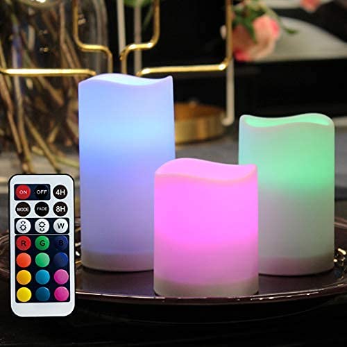yucanucax Remote Control flameless LED Candle Light OutdoorIndoor Color Changing Plastic Candle Set of 3 use 3AAA Battery