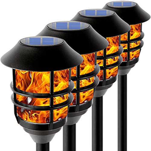 Flickering Flame Solar Pathway Flame Lights  Solar Lights Outdoor Torch Waterproof LED Metal Landscape Lights Heavy Lights Security Path Lights for Garden Patio Pathway Balcony and Pool4 Pack