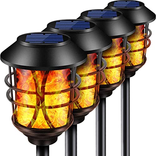 TomCare Solar Lights Metal Flickering Flame Solar Torches Lights Waterproof Outdoor Heavy Duty Lighting Solar Pathway Lights Landscape Lighting Dusk to Dawn Auto OnOff for Garden Patio Yard 4 Pack