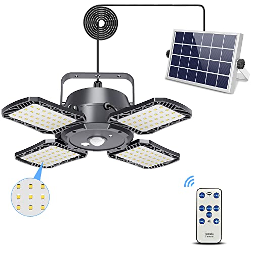 4Leaf Solar Pendant Lights OutdoorIndoor 1000LM 128LED 4 Lighting Modes with Remote ControlIP65 Waterproof 120° Adjustable Solar Motion Sensor Light for Shed Gazebo Barn Garage Home (Black)