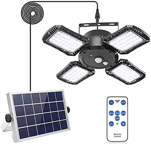 Solar Pendant Light Indoor Outdoor1000LM 128LED Solar Shed Light with Remote  4 Lighting Modes Solar Security Motion Sensor Lights for Home Yard Barn Gazebo Patio Garage IP65 Waterproof