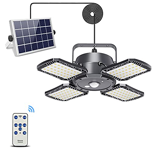 Solar Pendant Lights Outdoor Indoor with Remote ControlLatband Solar Powered Shed Light 120° Adjustable 1000LM IP65 Waterproof Solar Motion Sensor Lights 4 Lighting Modes for Home Yard Barn Gazebo