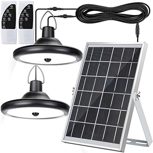 Upgraded Double Head Solar Pendant Light Motion Sensor JACKYLED IP65 Waterproof Outdoor LED Shed Light with Dimmable Remote Control 164Ft Cord for Patio Barn Chicken Coop Gazebo Garage Cool White