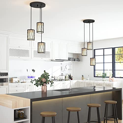 BYBLIGHT Industrial 3Light Pendant Lighting Farmhouse Adjustable Hanging Light Fixtures with Metal Caged and Linen Shade for Kitchen Island Dining Room Bedroom Hallway (Bulbs Included)