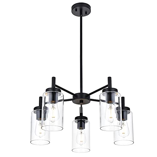 VINLUZ 5 Light Contemporary Chandeliers Black Modern Lighting Fixtures HangingIndustrial Vintage Pendant Lights with Clear Glass Shade Flush Mount Ceiling Light for Dining Room Bedroom