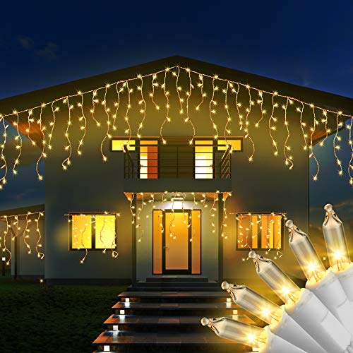 RECESKY 100 Christmas Icicle Lights  77ft Warm White Curtain String Light for Outdoor Indoor Decor  Clear Mini Bulb Lighting for Bedroom Window Home Garland Xmas Wreath Christmas Decorations
