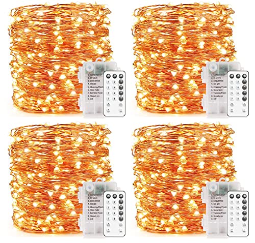 YOEEN 4 Pack 33Ft 100 LED Fairy Lights Battery Operated with Remote Control Timer Waterproof 8 Modes Copper Wire Twinkle String Lights for Bedroom Garden Party Wedding Chirstmas Decor Warm White
