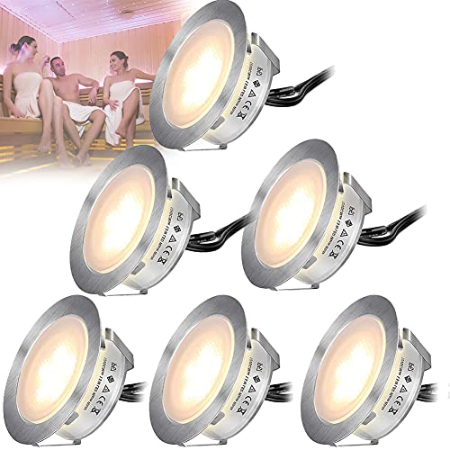 HIMABeauty High Temperature Sauna ExplosionProof Lamp LED Decking Lights IP67 Waterproof Plinth Lights Warm White Decorative Recessed Deck Light for Sauna Steam Room6 Lamps
