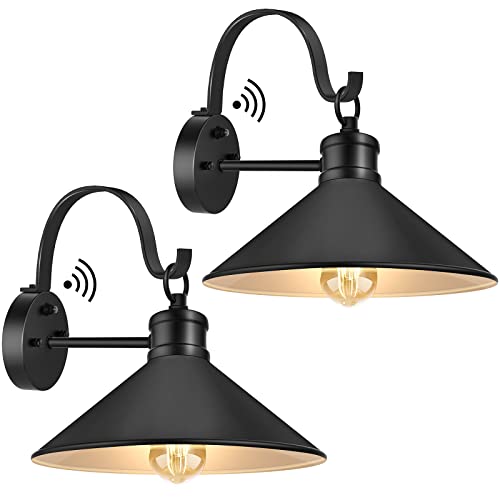 CINOTON 2 Pack Classic Dusk to Dawn Outdoor Wall Sconce Farmhouse Exterior Barn Light Fixture Wall Mount，Vintage Matte Black Outdoor Wall Light Industrial Metal Porch Light for Patio，Entryway，Garage