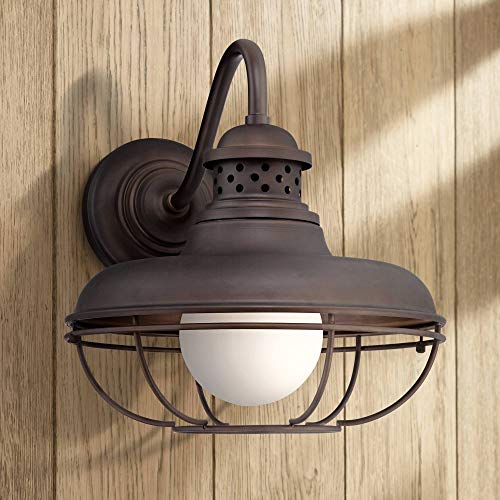 Franklin Park Rustic Industrial Outdoor Barn Light Wall Fixture Oil Rubbed Bronze Open Cage 16 White Glass Orb Diffuser for Exterior House Porch Patio Outside Deck Garage  Franklin Iron Works
