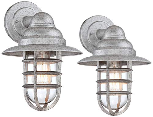 Marlowe Rustic Farmhouse Industrial Outdoor Wall Light Fixtures Set of 2 Galvanized Metal 13 14 Clear Glass Hooded Cage Exterior House Porch Patio Outside Deck Garage Yard  John Timberland