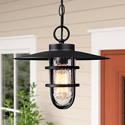 BUNKOS Outdoor Pendant Light  Adjustable Height Outside Porch Hanging Light  11 Rustic Chandelier Lamp  1 Light Black Outdoor Hanging Lantern Finish with Bubble Glass for Kitchen Island Foyer