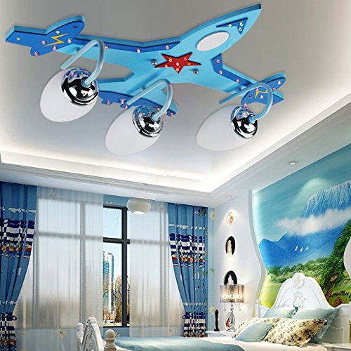 FuManLi Eye Protection Childrens Ceiling Light Blue Wooden Childrens Room Ceiling lampBoy LED Eye Airplane LightCartoon Study Bedroom lamp Ceiling Lamp