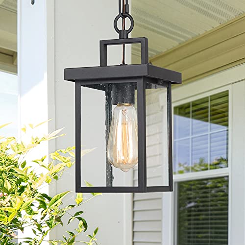 LALUZ Outdoor Pendant Light Fixture Exterior Hanging Lantern 1Light Outdoor Chandelier Lamp in Black Finish with Seeded Glass Outdoor Ceiling Lantern for Porch Patio Gazebo Hallway Entryway