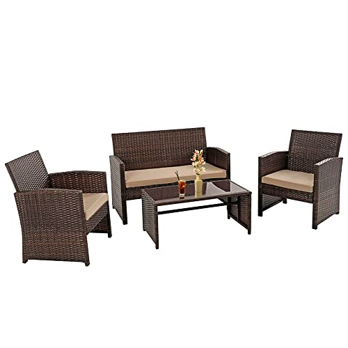 4 Pieces Patio Furniture Set Outdoor Furniture Wicker Conversation Set with seat Cushion for Poolside Lawn Porch Balcony Garden(Brown)