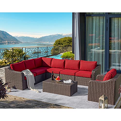 EROMMY 8 Pieces Outdoor Patio Furniture SetLuxurious Sectional PE Rattan Conversation SetAll Weather Sectional Sofa with TableCushions and PillowsPatio Sofa for GardenLawnBalconyRed Wine