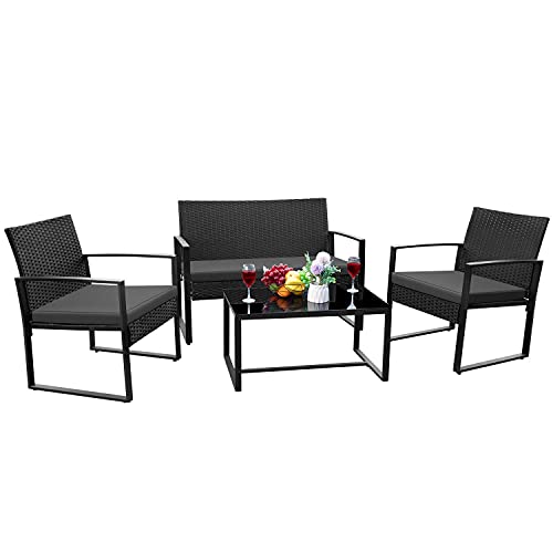 JUMMICO 4 Pieces Patio Furniture Set Outdoor Garden Patio Conversation Sets with Glass Coffee Table Bistro Set with Loveseat Tea Table for Home Lawn and Balcony (Black)