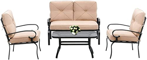 Omelaza Outdoor Furniture Patio Conversation Set Loveseat 2 Chairs Coffee Table with Cushion Lawn Front Porch Garden Metal Chair Set Wrought Iron Look(Brown)
