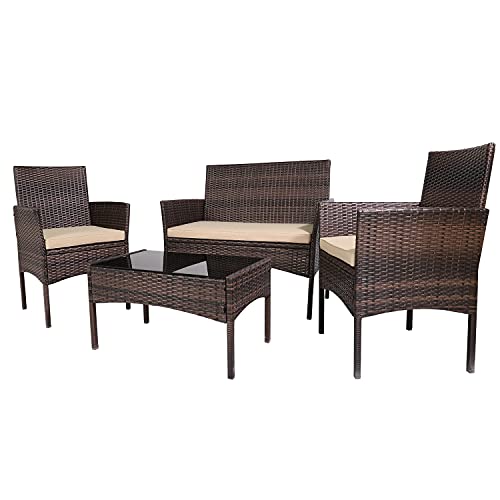Patio Furniture Sets 4 Pieces Outdoor Patio Set Rattan Chair Wicker Sofa Conversation Set Patio Chair Wicker Set with Table Backyard Lawn Porch Garden Poolside Balcony Furniture (Brown and Beige)