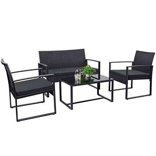 Tuoze 4 Pieces Patio Furniture Set Outdoor Patio Conversation Sets Modern Porch Furniture Lawn Chairs with Glass Coffee Table for Home Garden Backyard Balcony (Black)
