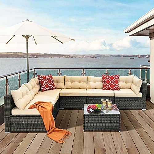 YITAHOME 7 Pieces Patio Furniture SetAllWeather Rattan Patio Conversation SetOutdoor Sectional Sofa PE Rattan Wicker Outside Couch with Table and Cushions for Porch Lawn Garden Backyard