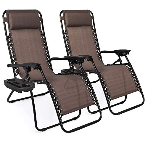 Best Choice Products Set of 2 Adjustable Steel Mesh Zero Gravity Lounge Chair Recliners wPillows and Cup Holder Trays Brown