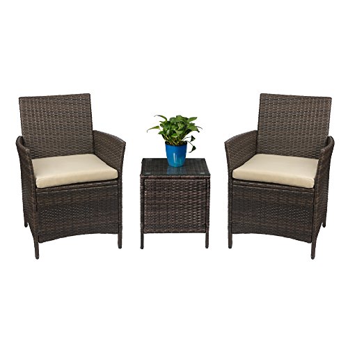 Devoko Patio Porch Furniture Sets 3 Pieces PE Rattan Wicker Chairs with Table Outdoor Garden Furniture Sets (BrownBeige)