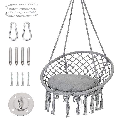 Patio Watcher Hammock Chair Hanging Macrame Swing with Cushion and Hardware Kits Max 330 Lbs Handmade Knitted Mesh Rope Swing Chair for Indoor Outdoor Bedroom Patio Yard Deck Garden Gray