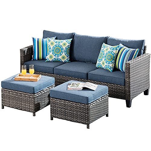 ovios Patio Porch Furniture PE Rattan Wicker Sofa and 2 Ottomans Outdoor Garden Furniture Patio Chairs Backyard (3 PCS Denim Blue)