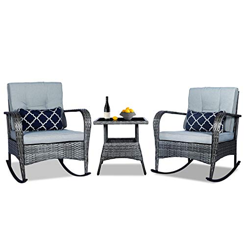3 Pieces Patio PE Rattan Conversation Chair Set Outdoor Furniture Rocking Chair Set with WaterProof CushionCoffee Table for GardenBackyard and Porch (Light Grey)