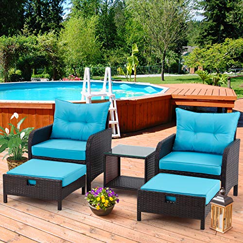 AVAWING 5 Piece Patio Furniture Set Outdoor Wicker Rattan Conversation Set with Ottoman  Table for Garden Patio Balcony Beach Blue