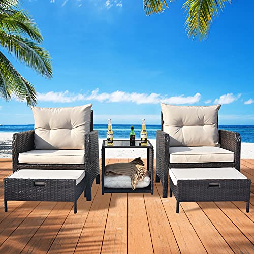 Apepro 5 Piece Patio Furniture Set Patio Conversation Sets Outdoor Wicker Furniture with Ottoman Outdoor Patio Chairs Furniture Wicker Patio Bistro Set for Backyard Pool Porch Deck Khaki