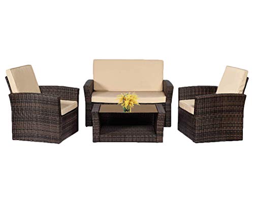 FDW Sectional Sofa Rattan Chair Wicker Conversation Set Outdoor Backyard Porch Poolside Balcony Garden Furniture with Coffee Table Brown