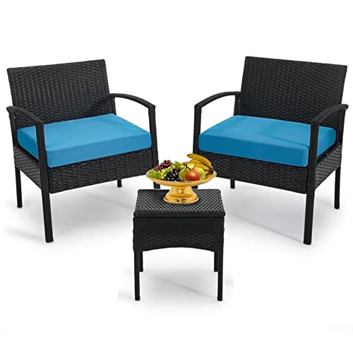 GREARDEN Outdoor Furniture 3 Piece Patio Set Balcony Furniture Outdoor Bistro Set Wicker Chair for Balcony Backyard Porch with Table and Cushions Blue